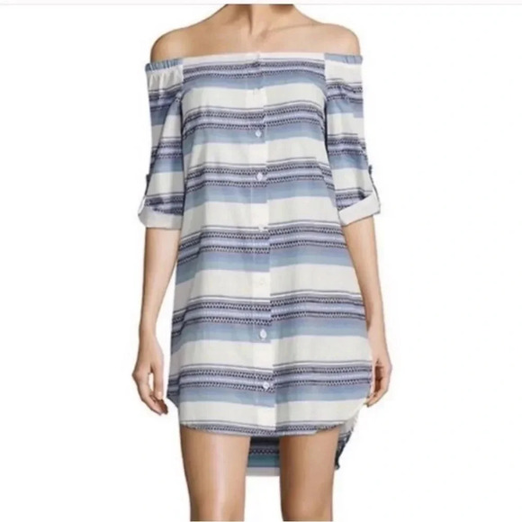 Bella Dahl Off the Shoulder Blue Striped Dress Anthropologie Sz Small - Picture 1 of 7